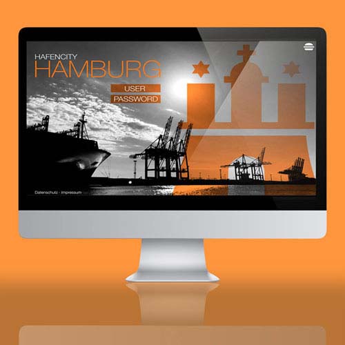Hamburg Hafencity zugangs website mit Ladekränen am Hafen