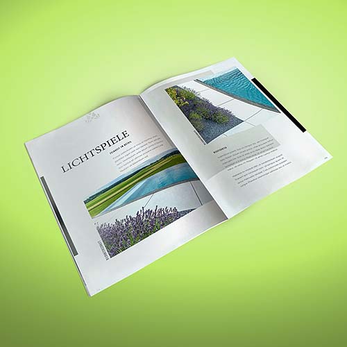 Imagemagazin gartenbauer mit lavendel und swimmingpool auf grün