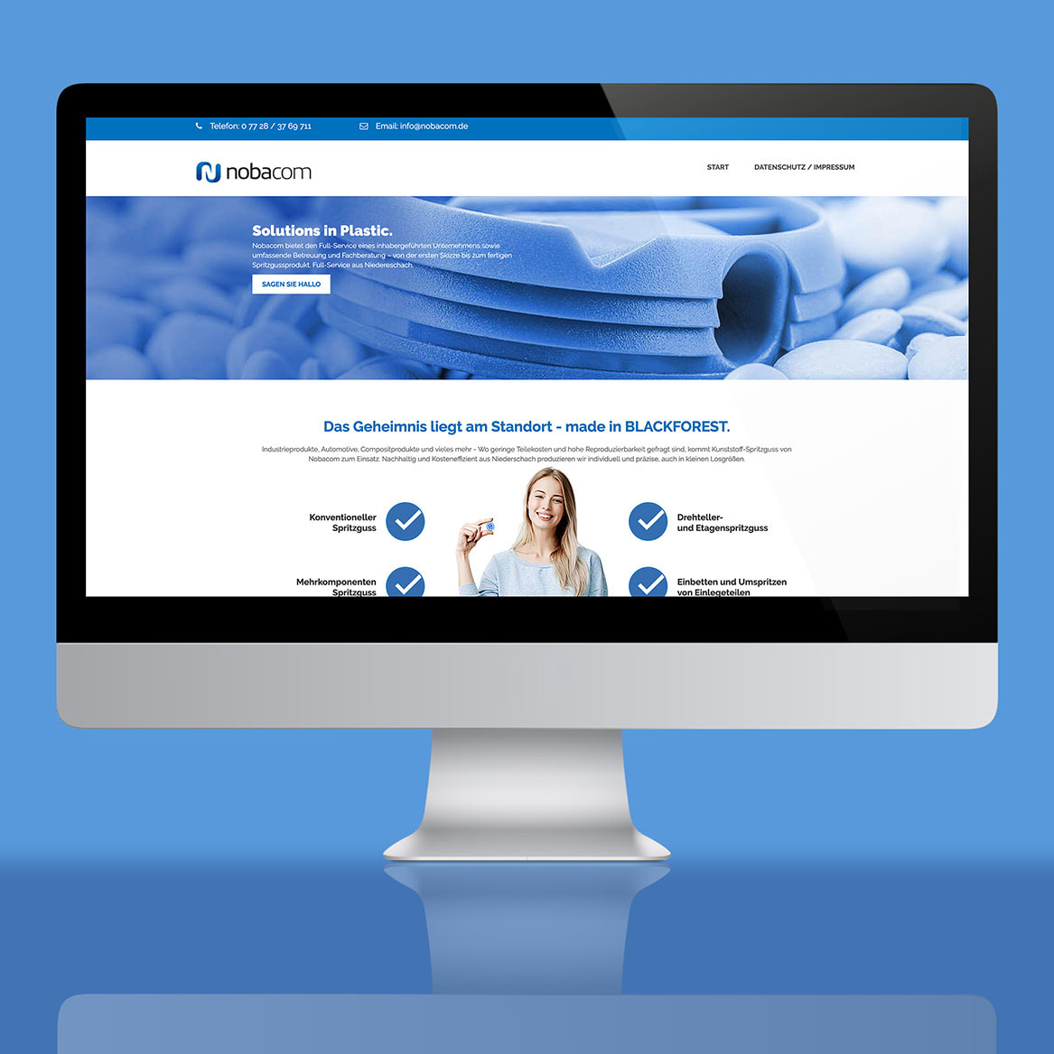 Nobacom Website in blau mit Spritzgussteil